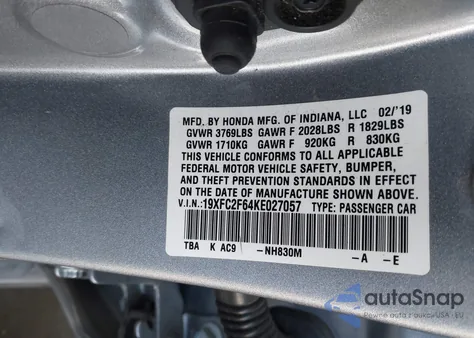 2019 Honda Civic Lx z USA, uszkodzony, nr VIN 19XFC2F64KE027057